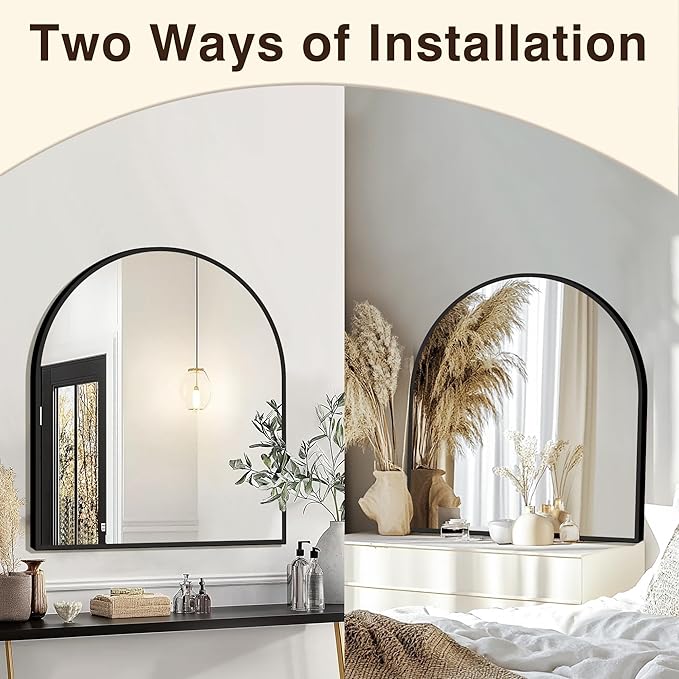 FICTOR Bathroom Vanity Mirror for Wall,32”x30” Arched Metal Framed Bathroom Mirror for Over Sink,Entryway,Living Room,Bedroom(Black)