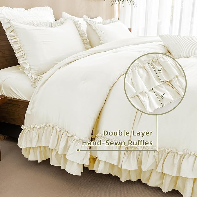 QSH Ruffle Comforter Set King Size, Shabby French Country Chic Bedding Ivory Comforter Sets, 3 Pieces Farmhouse Lightweight Boho Comforter Set for Bed, Ultra Soft Microfiber Fluffy Bedding