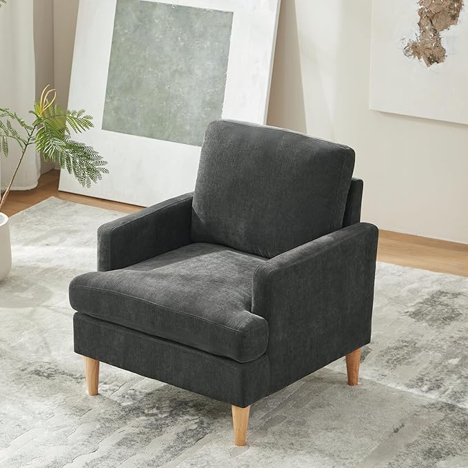 VKNOW Mid-Century Accent Chair, Modern Upholstered Chenille Armchair for Living Room,Comfy Reading Accent Chairs with Wood Legs for Bedroom, Dark Grey