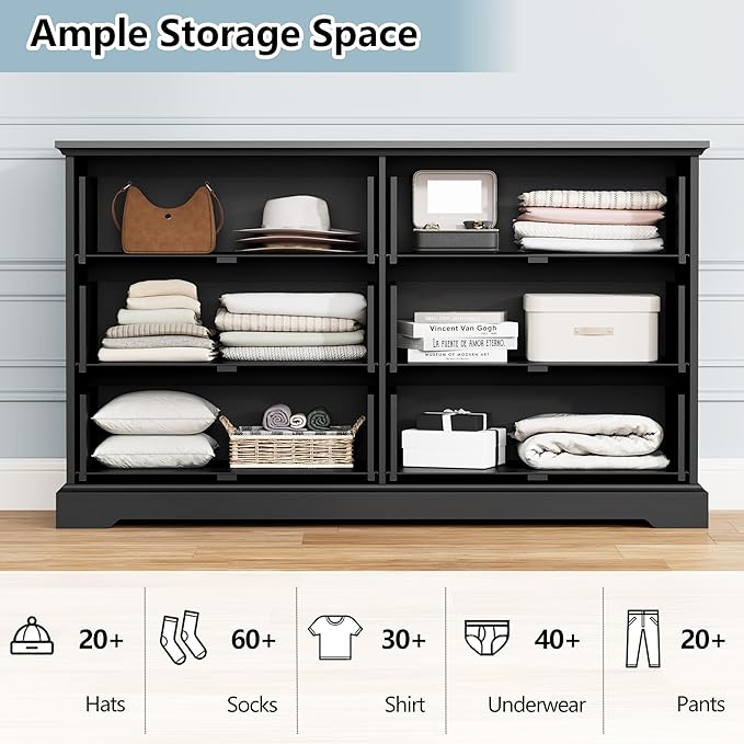 Dresser for Bedroom with 6 Drawer, Farmhouse Dresser for Closet, 53'' Wide Rustic Wooden Chest of Drawers with Natural Wood Texture, Vintage Storage Organizer for Living Room, Hallway, Black