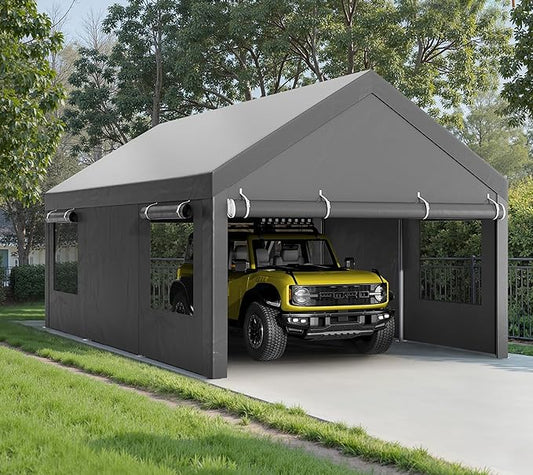 Walsunny Carport, 10x20 ft Heavy Duty Carport Canopy with Roll-up Windows, Portable Garage with Removable Sidewalls & Doors, Car Canopy with All-Season Tarp for Car, Truck, Boat