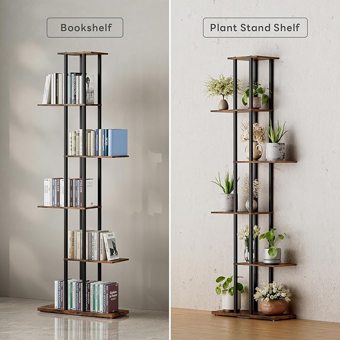 Bookshelf，Small Bookcase for Small Space，6-Tier Bookshelf for Living Room, Home Office, Study，9.45 x 20.8 x 62.2 Inches,Rustic Borwn