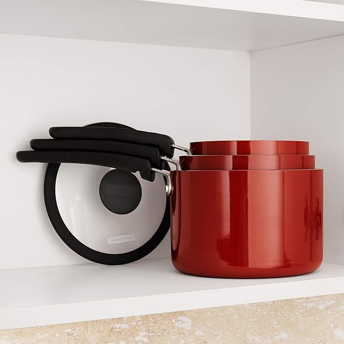 Tramontina Aluminum Non Stick 6-Piece Nesting Sauce Pan Set with Lids - Red, Kitchen Nonstick Cookware Set, Dishwasher and Oven Safe