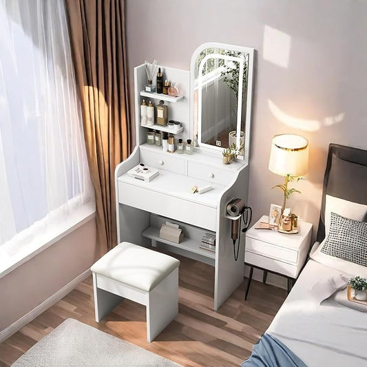 Vanity Desk with Mirror and Lights, Stylish White Desk with 3-Color Adjustable Lighting Dressing Table, Dressing Table Set for Bedroom Storage, Makeup & Hair Styling