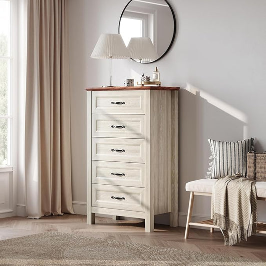 LINSY HOME 5 Drawers Dresser for Bedroom, Wood Tall Bedroom Chest of Drawers with Metal Handle, Farmhouse Dressers Organizer for Living Room, Closet, Hallway, White Oak