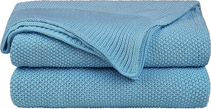 PiccoCasa 100% Cotton Knit Blanket Twin Size,Solid Lightweight Decorative Throws and Blankets,Soft Knitted Throw Blanket for Sofa Couch, Pale Azure 60" x 78"