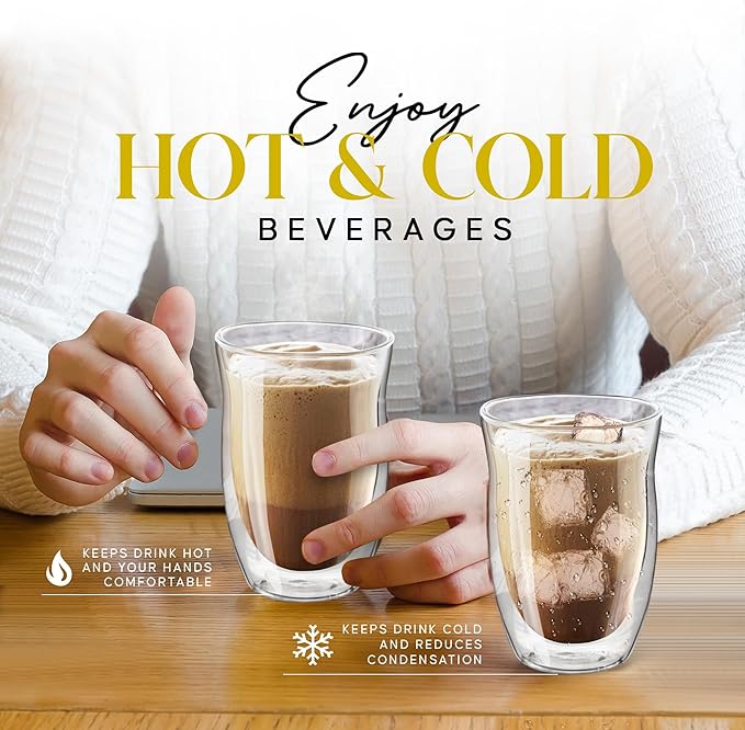 Kitchables Double Walled Glass Coffee Mugs Set of 4, 7.5oz - Insulated Clear Coffee Mug for Cappuccino, Latte, Tea, Espresso - Latte cup - Tazas Para Cafe