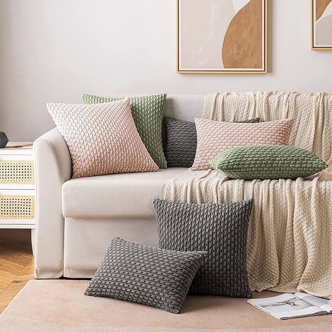 MIULEE Throw Pillow Covers Soft Corduroy Decorative Set of 2 Boho Striped Pillow Covers Pillowcases Farmhouse Home Decor for Couch Bed Sofa Living Room Spring 18x18 Inch Pink