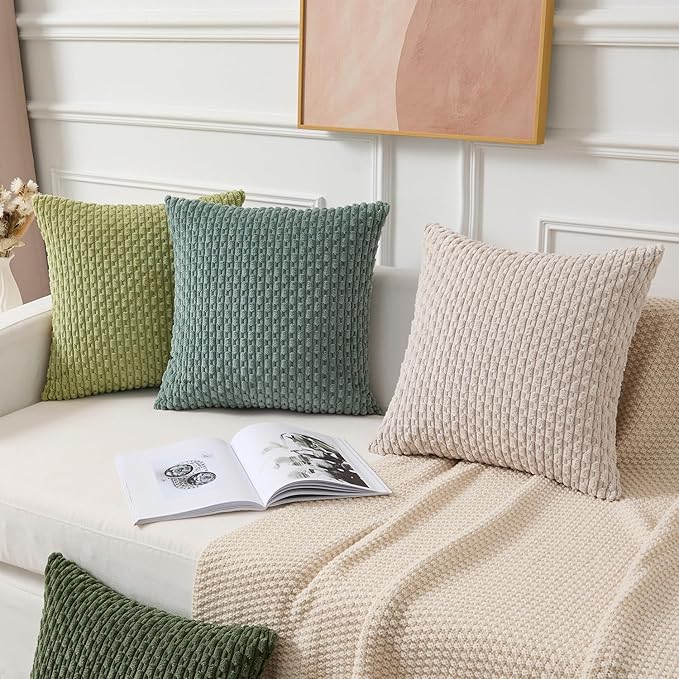 Kevin Textile Decorative Pillow Covers Set of 2 Striped Plush Corduroy Pillows Pillowcases Boho Home Decor Cushion Covers for Couch Sofa Bed Living Room 24x24 Inch, Teal Green