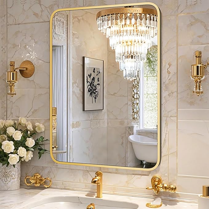 22"×30" Bathroom Mirror for Wall, Modern Bathroom Vanity Mirror, Gold Bathroom Mirrors for Over Sink with Metal Framed HD Tempered Glass Hangs Horizontally or Vertically