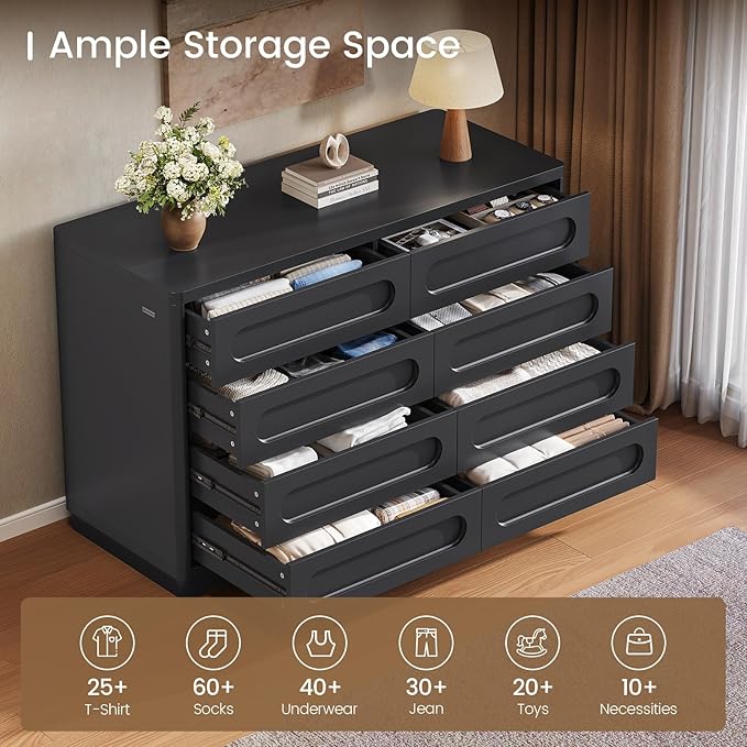 Black Dresser for Bedroom with 8 Drawers, 47.2" Wide Dresser for Closet with Deep Drawer, Large Wood TV Stand, Modern Chest of Drawers for Bedroom, Hallway