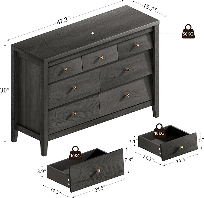 7 Drawers Dresser with Beveled Panel, Farmhouse Chest of Dressers for Bedroom, Wood Dresser TV Stand, Drawer Organizer for Bedroom, Living Room, Black
