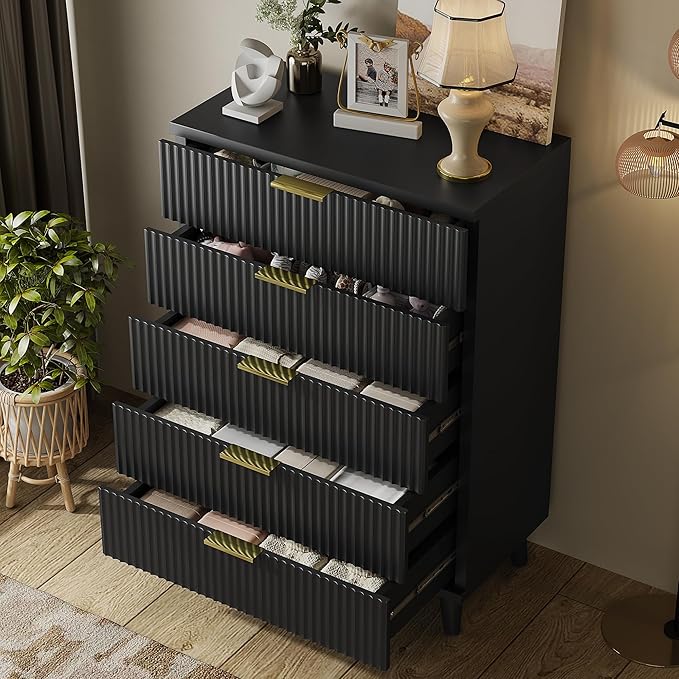 Lulive Black Dresser for Bedroom Wood Tall Dressers Drawers, Fluted Modern Dresser 5 Drawers Black