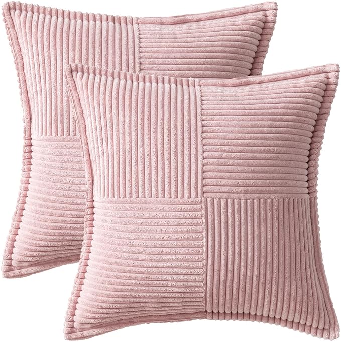 MIULEE Decorative Throw Pillow Covers for Couch Bed Livingroom 16x16 Inch Set of 2 Pink Boho Accent Throw Pllows Broadside Striped Patchwork Soft Corduroy Pillowcases