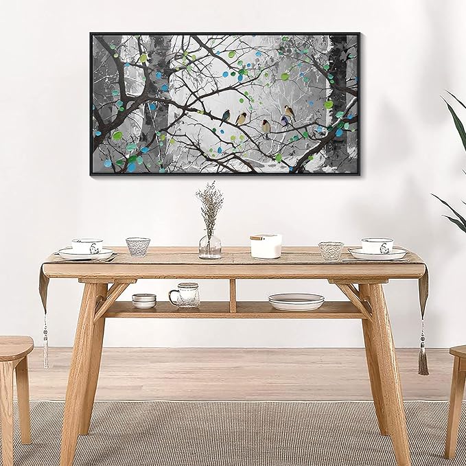 Grey Wall Art Bird on Branch Misty Forest Canvas Artwork Modern Framed Canvas Painting Decorative Wall Art Home Decor Can Be Hung Directly Dining Room Living Room Bedroom Office Size 24x48 Inches