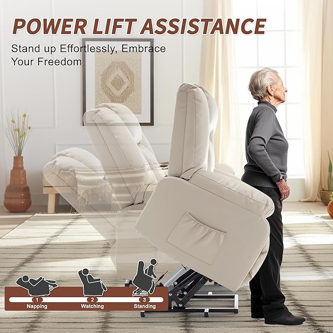 Oversize Dual Motor Power Lift Recliner for Adults, Electric Lift Chair with Heating and Massage, Waffle Leather Electric Recliner Chair with Side Pockets, Wide Recliner for Living Room