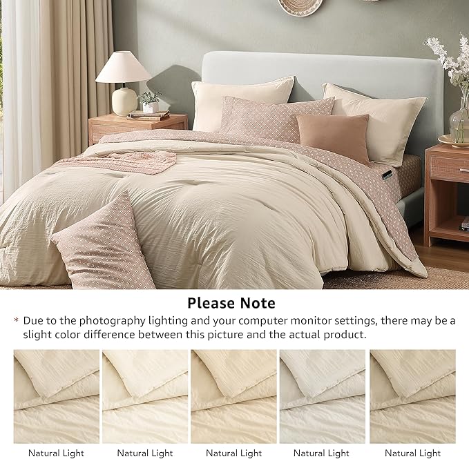 Monbix King Size Comforter Set - 7 Pieces Beige Prewashed Bed in a Bag King Bedding Sets with Comforters, All Seasons Down Alternative Comforter Bed Set with Sheets,Pillowcases & Shams