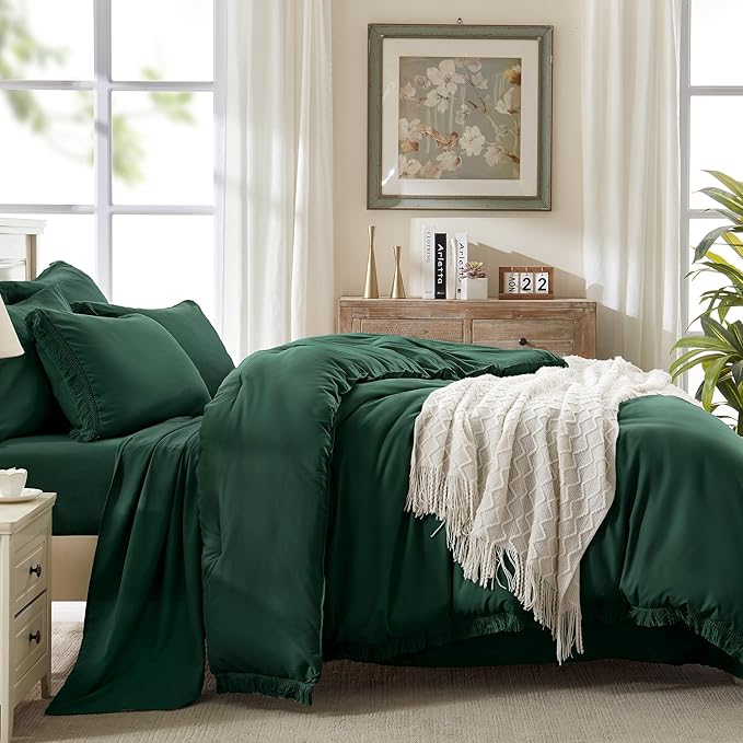 Andency King Size Comforter Set with Sheets Dark Emerald Green -7 Pieces Bed in a Bag Boho Tassel Bedding Sets, All Season Fringe Bed Set with Comforter, Sheets, Pillowcases & Shams