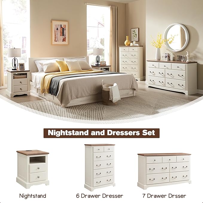 T4TREAM Nightstand with Charging Station, 18 Inch Vintage End Table with 2 Drawers, Wood Rustic Sofa Side Table with Open Storage Shelf for Bedroom, Living Room, Antique White