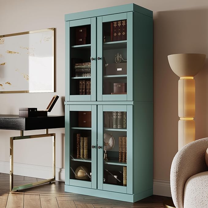 Palace Imports Solid Wood Bookcase - 6-Tier Tall Bookshelf, 71.5” H x 32” W - Aqua, Clear Glass Cabinet Doors & Adjustable Shelves for Living Room, 100% Renewable Eco-Friendly Wood, Made in Brazil