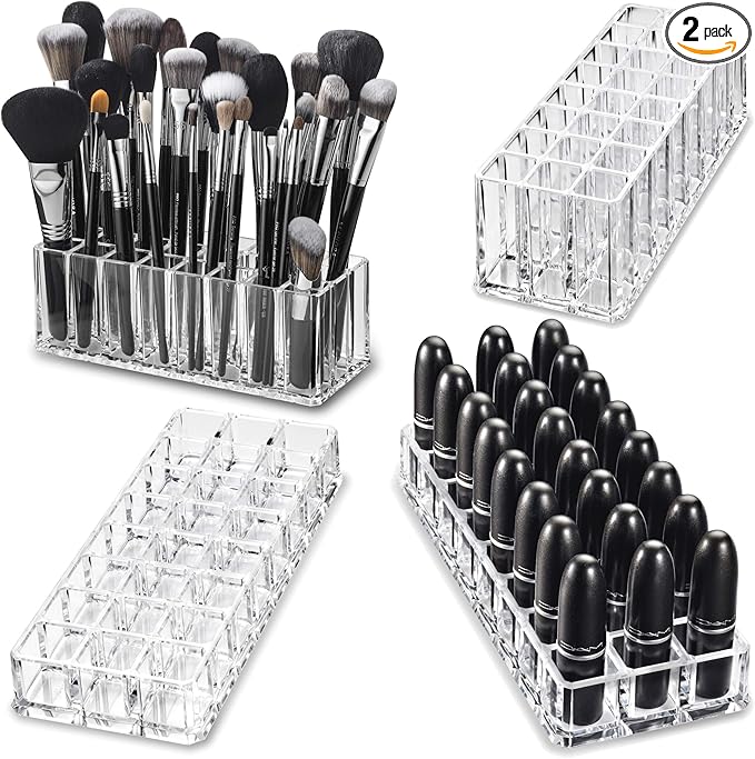 BY ALEGORY (Set) Acrylic Lipstick Organizer & Makeup Brush Organizer 48 Space Storage Refillable Container Beauty Cosmetic Display Case