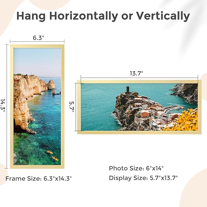 6x14 Metal Picture Frame - Gold Aluminum Picture Frames with Real Glass, Wall Mounting Horizontally or Vertically, Simple and Elegant Decor for Wall Gallery Poster Photo 14x6 Frames, Gold