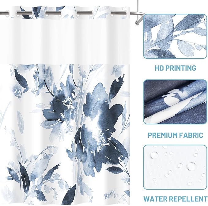 No Hook Shower Curtain with Snap in Liner - Floral Shower Curtain - Fabric Waterproof Inner Liner, Plants Navy Blue Extra Long Modern Cloth Shower Curtains - Machine Washable, 71 x 86