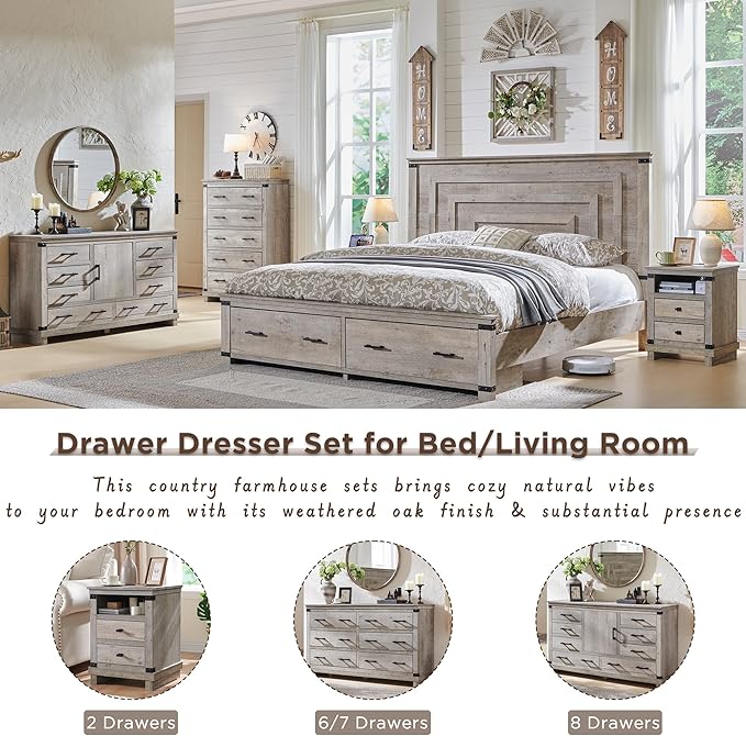 Farmhouse 5 Drawers Dresser for Bedroom, Tall Chest of Drawers with Thick Plank Styling, Wood Rustic Closet Dresser for Bedroom, Living Room, Light Rustic Oak Color