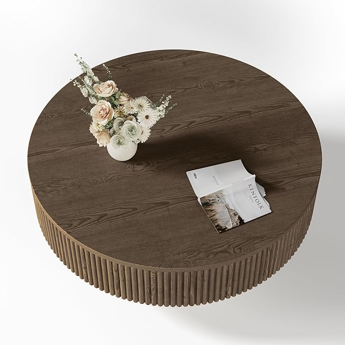 31.5” Round Fluted Coffee Table, Modern Wood Circle Coffee Table, Veneer Handcrafted Relief Tea Table with Sturdy Pedestal for Living Room - Brown