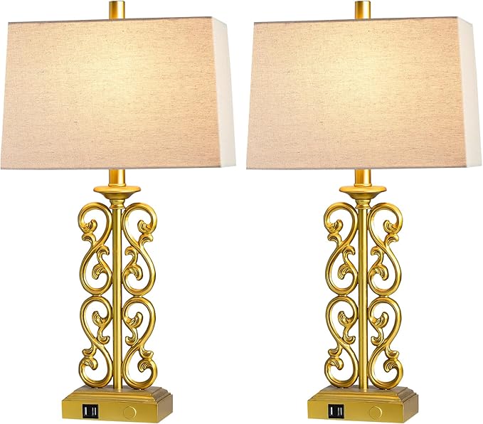 25" Modern Touch Resin Table Lamps Set of 2 for Living Room Bedroom, 3-Way Dimmable with Dual USB Ports, Vintage Nightstand Lamp for Home Office Hotel, 2 Bulbs Included (Gold)