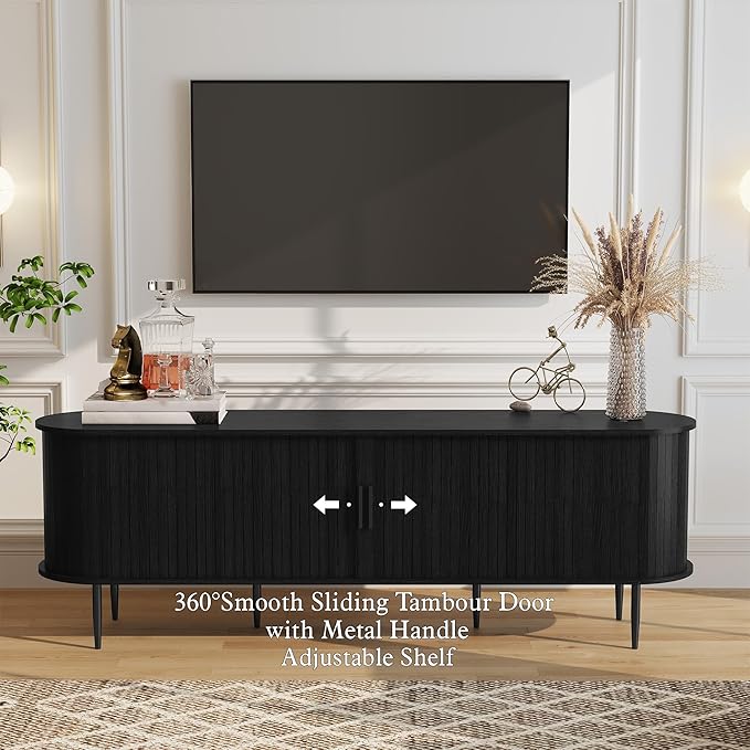 ARTPOWER 70" Modern TV Stand with Tambour Door for TVs up to 80", Entertainment Center with Storage, Fluted Television Consoles for Living Room, Black