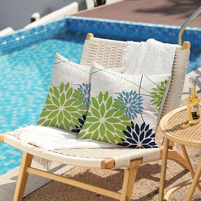 Green and Dark Light Blue Floral Pillow Covers 18x18 Set of 2 Outdoor Pillows Covers Waterproof Summer Pillowcovers Polyester Cushion Case Decor for Couch Patio Funiture Garden Porch 01U18