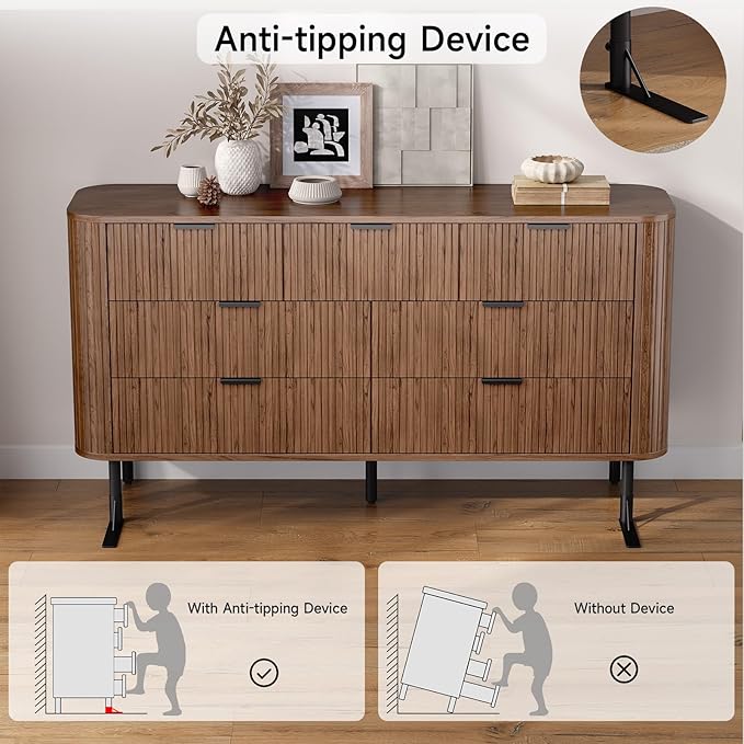 Fluted Dresser for Bedroom with 7 Drawers, 60 Inch Wide Modern Chest of Drawers with Metal Handle, Curved Profile Design, Wood Dresser TV Stand for Bedroom, Living Room, Hallway, Walnut