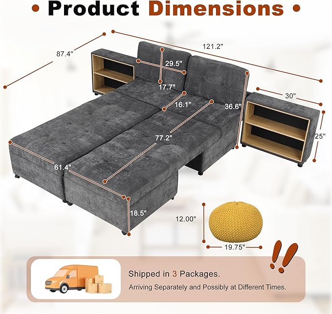 121.2" Sectional Couch, Versatile Sofa Bed Modular Sofa with Two Storage Racks, Sectional Couches for Living Room and Office, Dark Grey