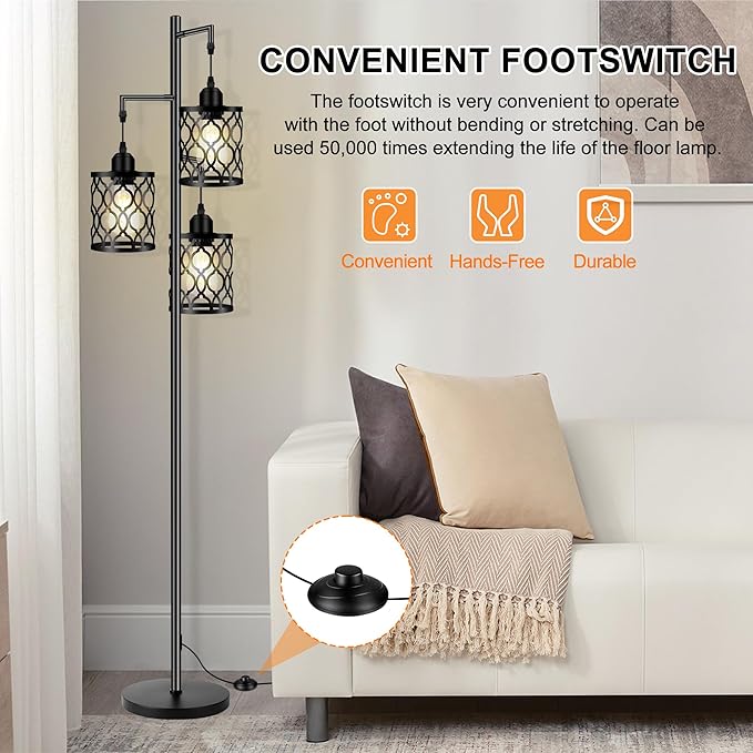 Industrial Floor Lamp, Metal Farmhouse Floor Lamp for Living Room, Rustic Standing Tall Lamps with 3 Elegant Cage Heads, Tree Floor Lamps for Bedrooms, Home Office, Bar, 68", Black, Bulb Not Included