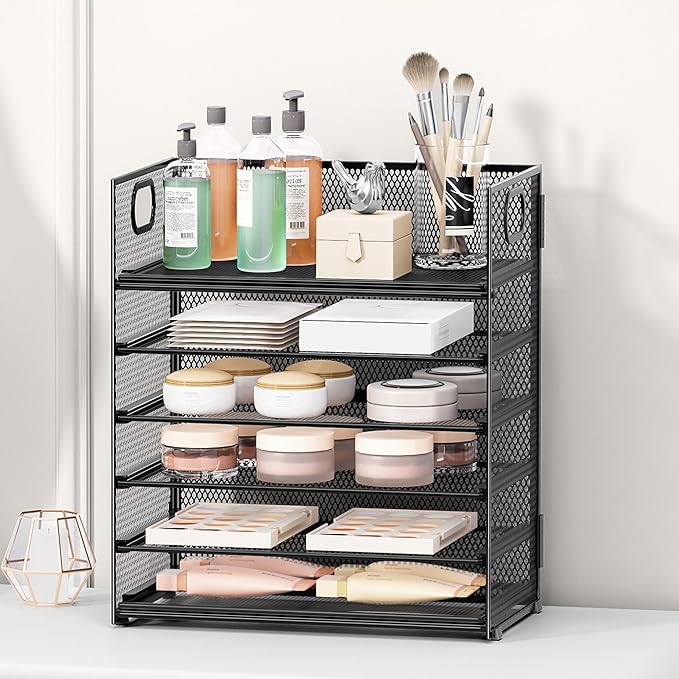 Subekyu 2-Pack 6-Tier Paper Tray Organizer for Desk - Black Mesh File Folder Sorter with Handles, Desk Letter Holder for Office, Home, School Supplies Storage & Organization