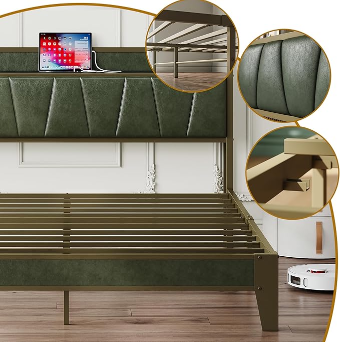 LIKIMIO Full Bed Frame, Storage Headboard with Charging Station, Solid and Stable, Noise Free, No Box Spring Needed, Easy Assembly (Dark Green)