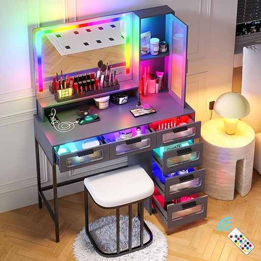 HNEBC RGB Vanity Desk with Mirror and Lights, LED Vanity Makeup Desk with USB/Wireless Charger Station, Vanities Dressing Table Sets with 6 Drawers/Cabins/Stool/Shelves for Bedroom&Cloakroom,Grey