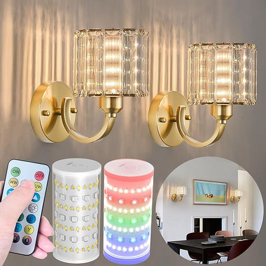 Wall Sconces Battery Operated Wall Lights Set Of Two, Wireless Rechargeable Wall Sconces With 10000mAh RGB Light Bulb, Crystal Wall Sconce With Remote Control For Bedroom, No Electrician Required