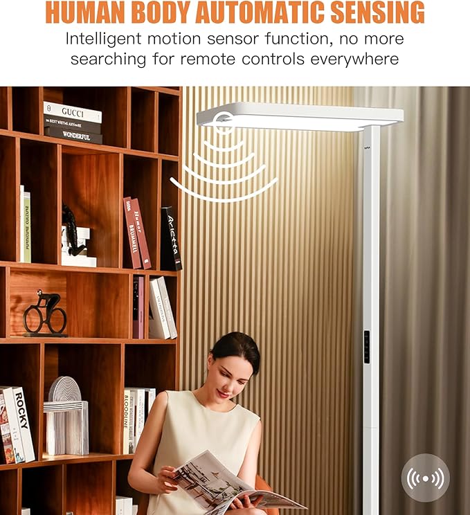 Pure Light Floor Lamp - Motion Sensor, 100W Full-Spectrum Standing Lamp for Bedroom, Living Room & Office - 60000+h Lifetime, 9500LM, 4000K, White Floor Lamp