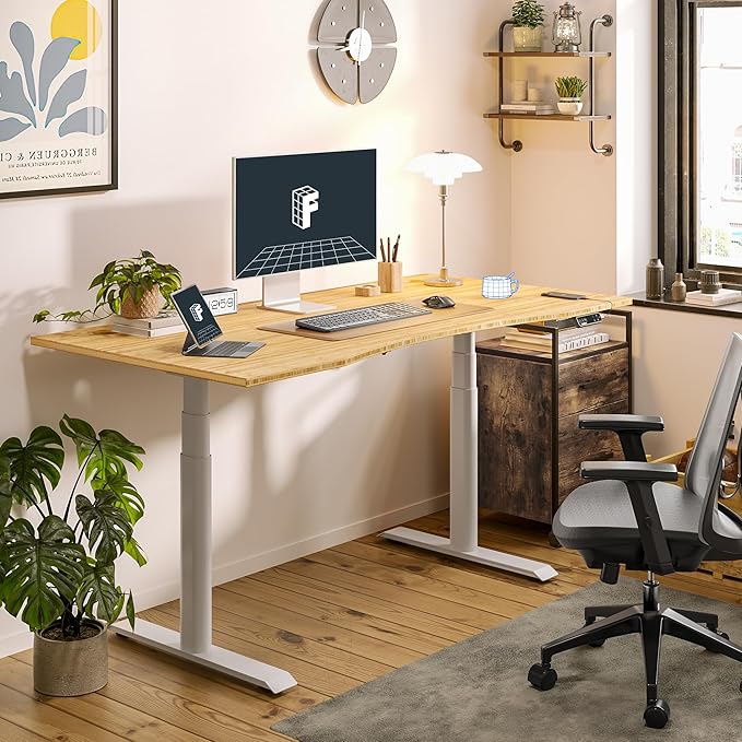 FLEXISPOT E6 Pro Oval Leg Dual Motor 3 Stages Bamboo Electric Standing Desk 48x24 Inch Whole-Piece Board Height Adjustable Electric Sit Stand Up Desk (White Frame + Bamboo Curved Desktop)