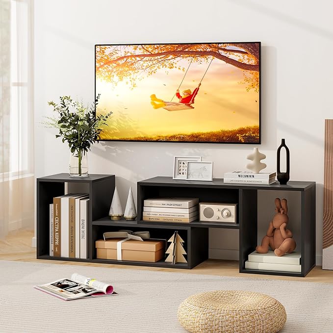 Tangkula 2 Pieces L-Shaped TV Stand, Free-Combination Entertainment Center for TVs up to 55 Inch, Modern TV Media Console Table with 4 Open Cubes, DIY Bookcase Shelf for Living Room (Black, 2 pcs)