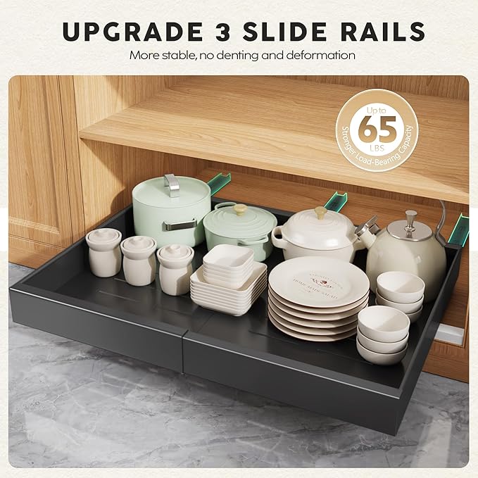 4 Pack Pull Out Cabinet Organizers 21" Deep With Raising Pad for Framed Cabinets, Expandable Width (15.2"-26.3") Slide Out Drawers Upgrade 3 Slide Rails, Roll Out Shelves Adhesive, Black