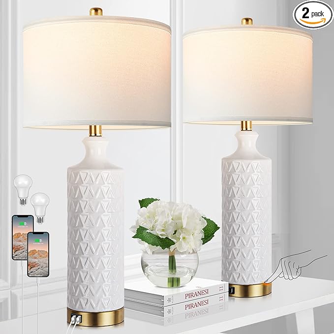 Touch Control Table Lamp Set of 2, Modern Contemporary Ceramic Bedside Lamps with 2 USB Ports, 3-Way Dimmable Nightstand Lamp with White Fabric Shade for Living Room, Bedroom (LED Bulbs Included)