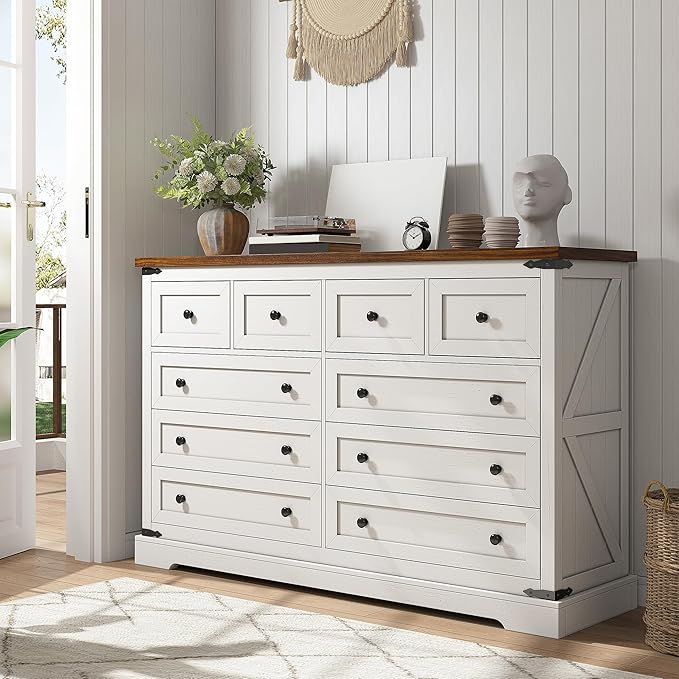 EnHomee 10 Drawer Dresser for Bedroom,55.11" W Farmhouse Dressers and Chests of Drawers with Smooth Metal Rail,Large and Wide TV Stand Hallway,Antique White,14.9" D x 55.11" W x 35.6" H