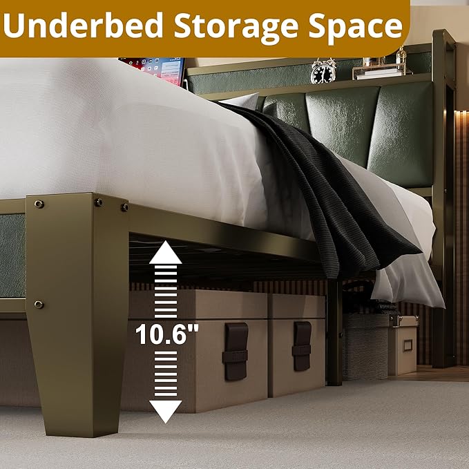 LIKIMIO Queen Bed Frame, Storage Headboard with Charging Station, Solid and Stable, Noise Free, No Box Spring Needed, Easy Assembly (Dark Green)