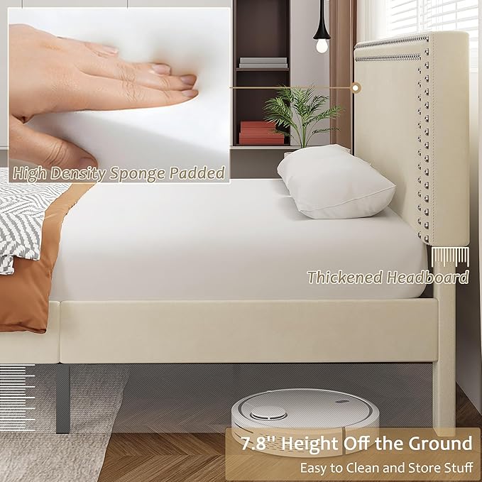 VECELO Full Size Bed Frame with Adjustable Upholstered Headboard, Wooden Slats Platform, Noise-Free Design, Easy Assembly