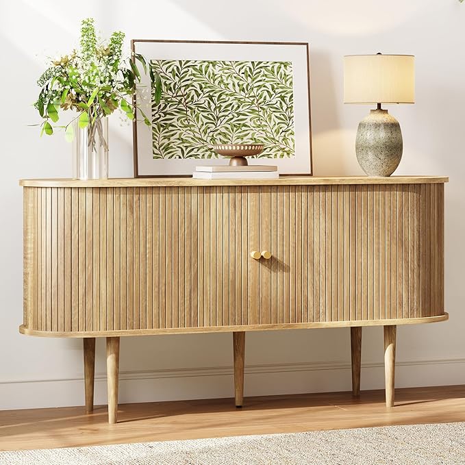 AMERLIFE 55" TV Stand with Solid Wood Legs, Mid Century Modern TV Console with Tambour Door for 80-inch TV, Dust-Proof Storage Cabinet for Living Room, Natural Finish