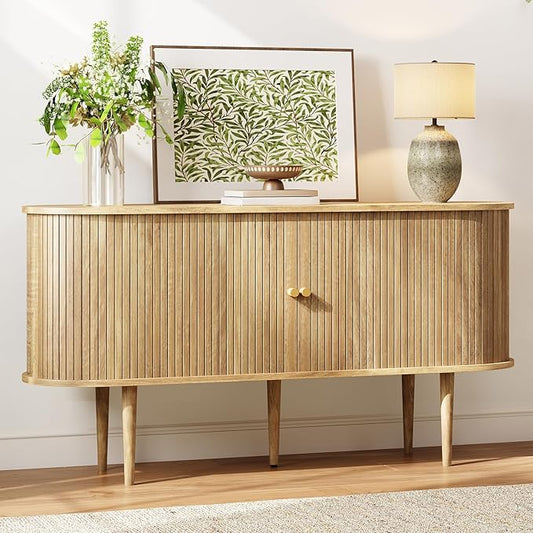 AMERLIFE 55" TV Stand with Solid Wood Legs, Mid Century Modern TV Console with Tambour Door for 80-inch TV, Dust-Proof Storage Cabinet for Living Room, Natural Finish