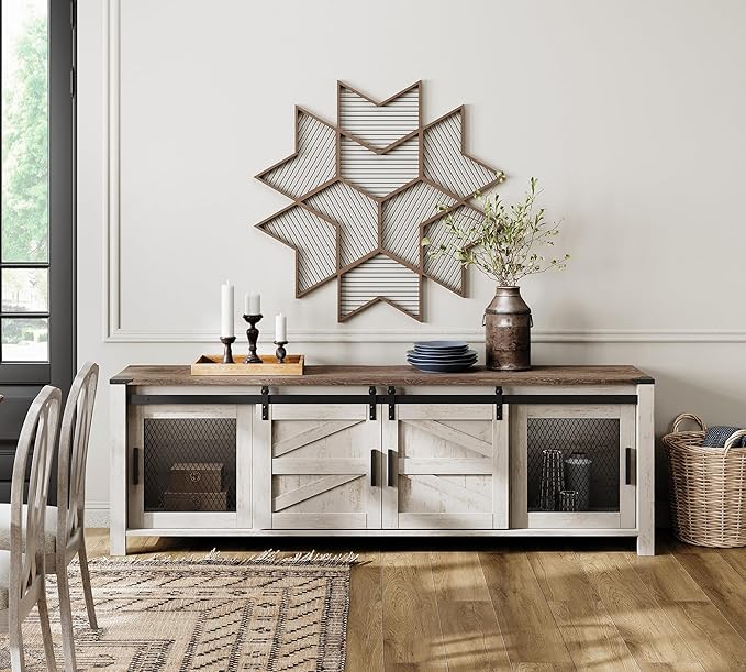 WAMPAT Farmhouse TV Stand for ups to 75 inch TV, Wooden Entertainment Center with Mesh Barn Doors, Media Console with Storage Shelf for Living Room Bedroom, Rustic Oak and White